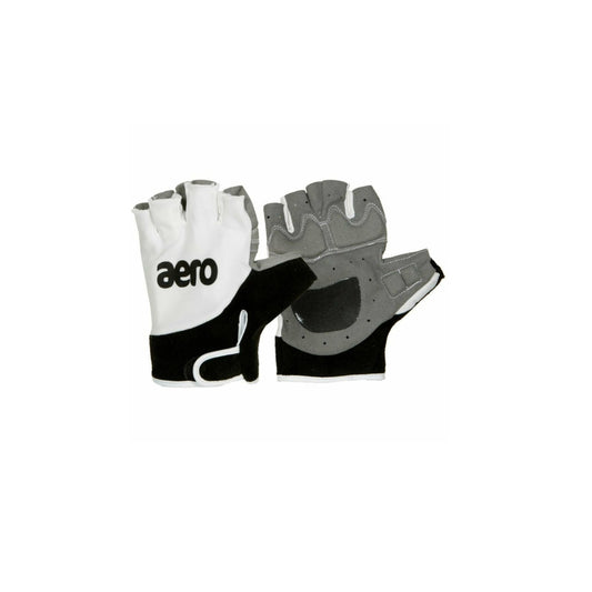 A pair of Aero fielding practice gloves for seniors, featuring a white and black color scheme with grip-enhancing patterns on the palms and fingers.
