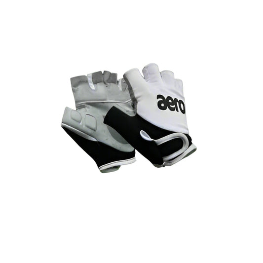A pair of white, black, and gray AERO fielding practice gloves for youth with silicone palm and leather knuckles.