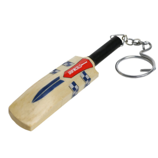 Keychain shaped like a cricket bat with a brand logo on a white background