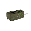 Green sports bag with black handle and wheels on a white background