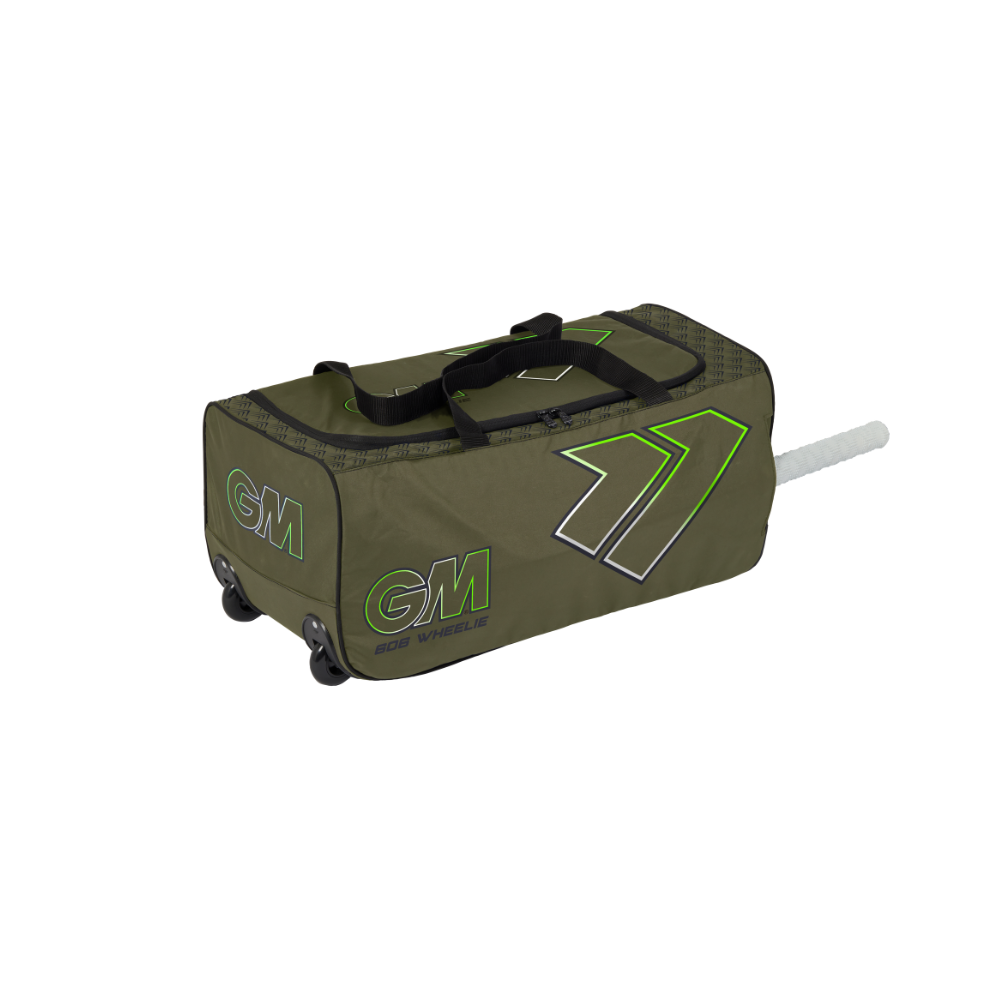 Green sports bag with black handle and wheels on a white background
