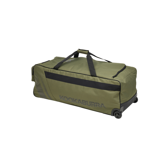 Green sports bag with black straps on a white background Kookaburra Pro 5.0 Wheelie Bags