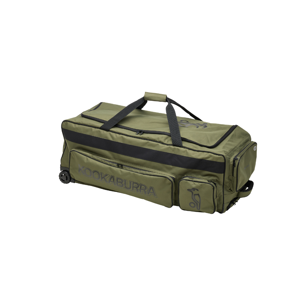 Green fishing bag with black accents on a white background Kookaburra Pro 5.0 Wheelie Bags