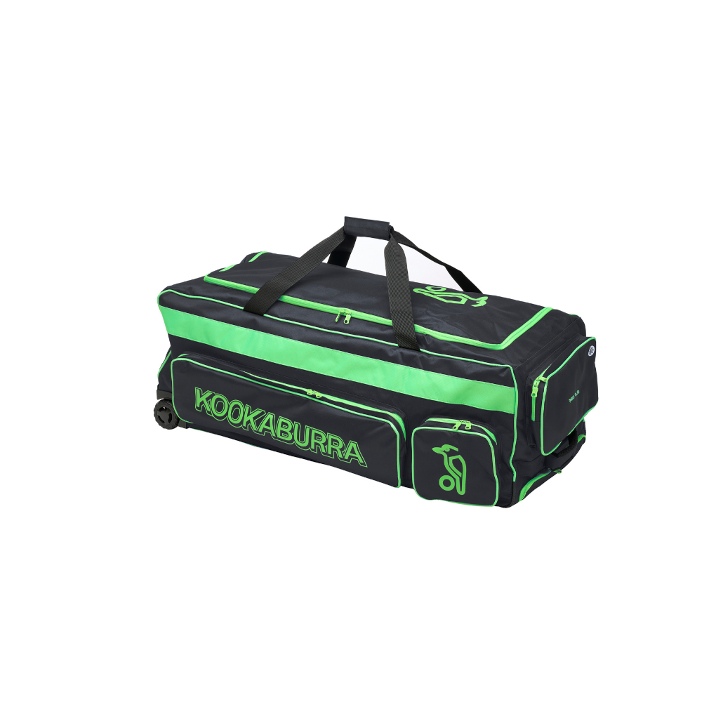 Black and green sports bag with Kookaburra logo on a white background