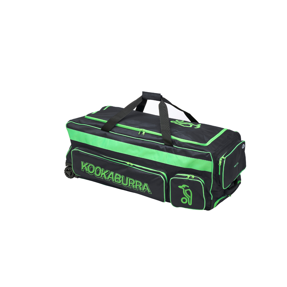 Black and green sports bag with 'Kookaburra' branding on a white background