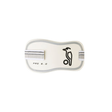 A white Kookaburra Pro 6.0 cricket chest guard with a logo and black accents.